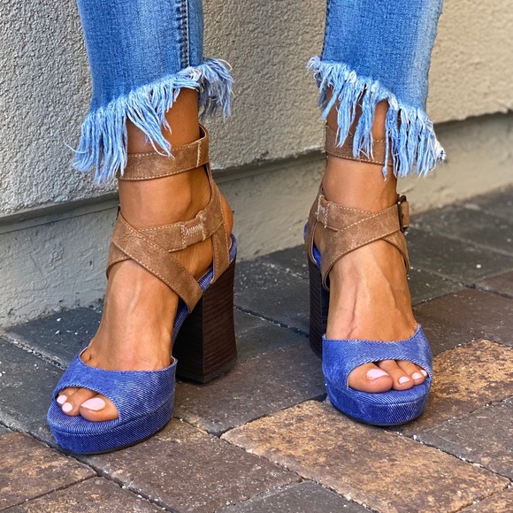 Denim/Tan Color Block Chunky Heel Platform Sandal - Picture 6 of 13